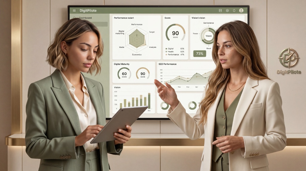 Auditeur IA 360° — deux professionnelles devant un dashboard DigitPilote : Performance radar, Score 90, Digital Maturity, SEO Performance