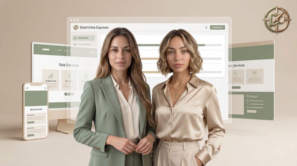 SiteVitrine Express — deux professionnelles devant une interface SiteVitrine Express avec maquette desktop et mobile responsive, logo boussole DigitPilote