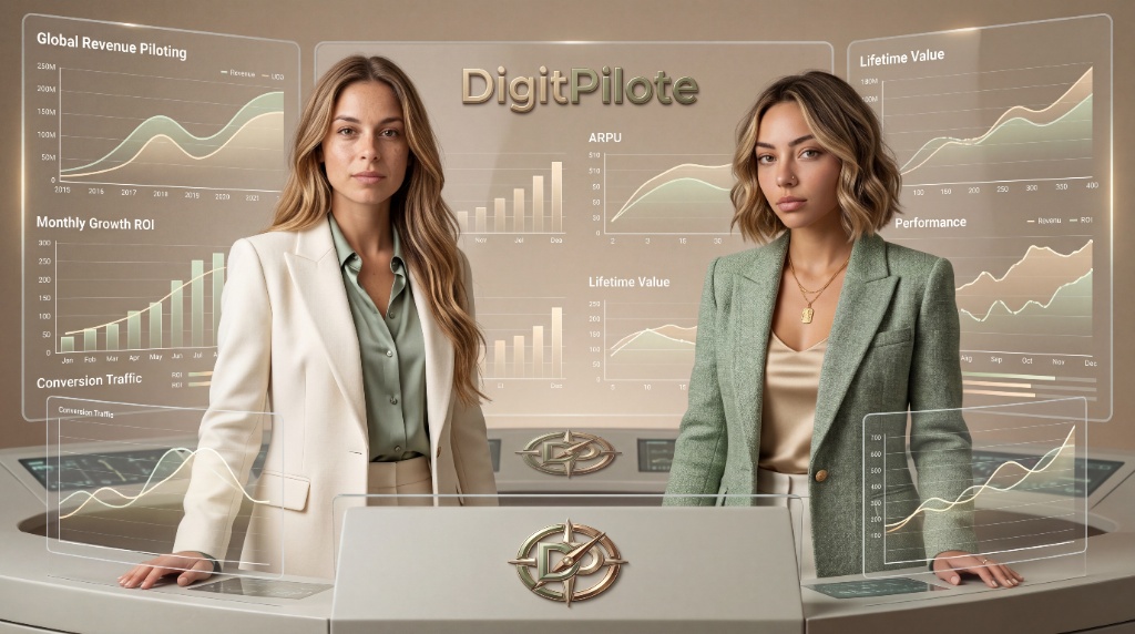 Revenue Tracker — tableau de bord DigitPilote avec métriques Global Revenue, Lifetime Value, Monthly ROI et Conversion Traffic